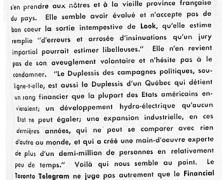 «Un journal de Toronto prend la défense de Maurice Duplessis»