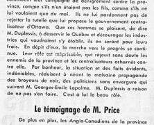 «Maurice Duplessis a le beau rôle; Le témoignage de M. Price»