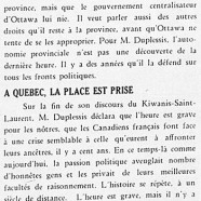 «M. Duplessis et l’autonomie; À Québec, la place est prise»