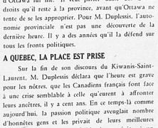 «M. Duplessis et l’autonomie; À Québec, la place est prise»