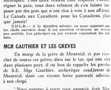 «M. Duplessis a raison; Mgr Gauthier et les grèves»