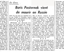 «Boris Pasternak vient de mourir en Russie»