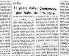 «Le poète italien Quasimodo, prix Nobel de littérature»