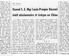 «Quand S.E. Mgr Louis-Prosper Durand était missionnaire et évêque en Chine»