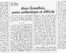 «Alain Grandbois, poète authentique et difficile»