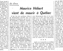 «Maurice Hébert vient de mourir à Québec»