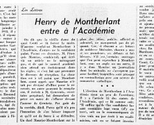 «Henry de Montherlant entre à l’Académie»