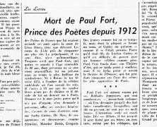 «Mort de Paul Fort, prince des Poètes depuis 1912»