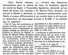 «La prison pour Gérard Filion. L’honorable Johnson la demande pour lui, s’il ne satisfait pas à jugement»