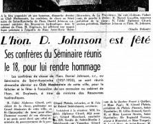 «L’honorable Daniel Johnson est fêté. Ses confrères du Séminaire réunis le 18, pour lui rendre hommage»